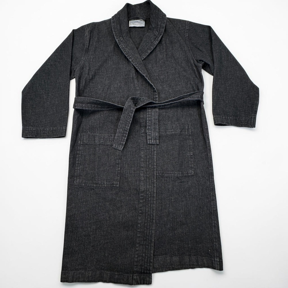 Boca Terry Denim Robe Women One Size Black 100% Cotton Belted Spa‎ Core Lounge